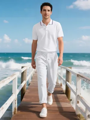 2 Piece Casual Polo Shirt and Linen Pants