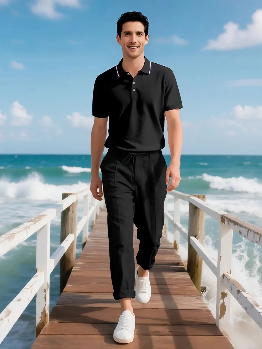 2 Piece Casual Polo Shirt and Linen Pants