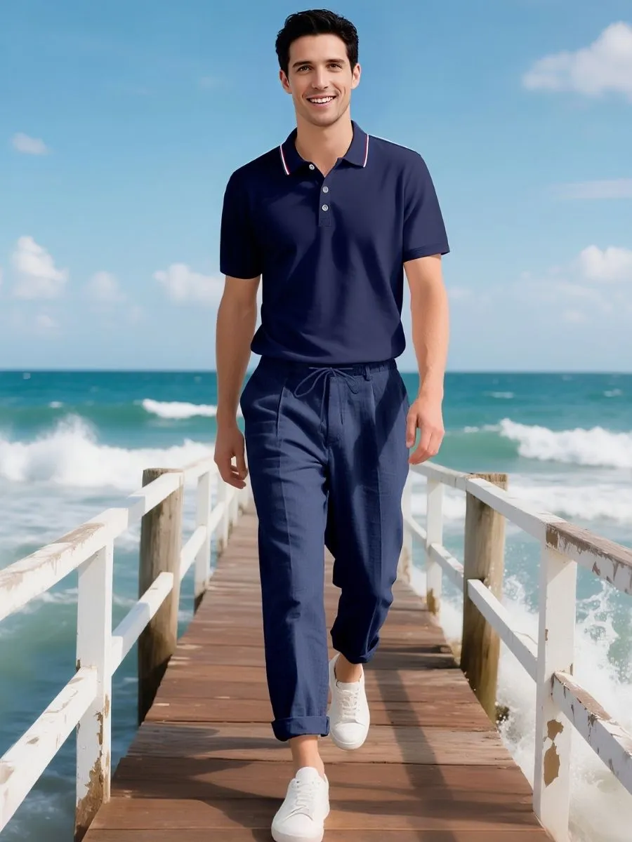 2 Piece Casual Polo Shirt and Linen Pants