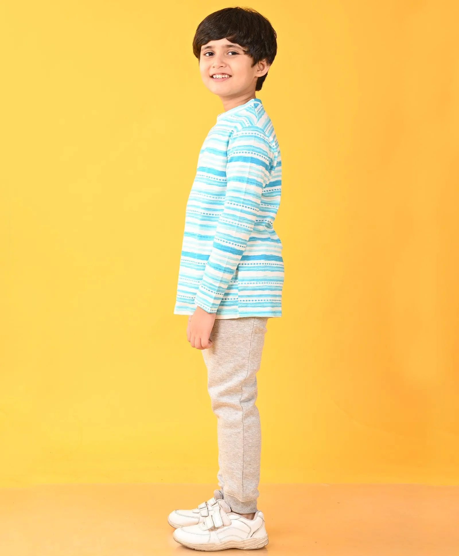 BLUE DOTTED STRIPE T-SHIRT GREY FLEECE JOGGER SET - BLUE / GREY